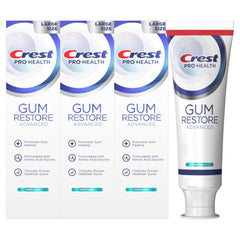 Three Crest Pro-Health Gum Restore toothpaste tubes (4.8 oz each) in a pack
