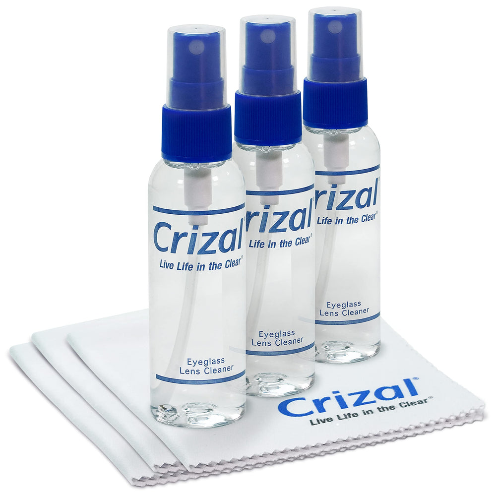 Crizal Eyeglass Cleaning Bundle front view with 2oz spray and microfiber cloths
