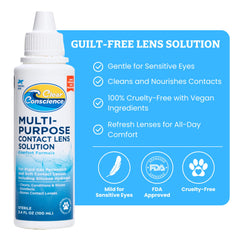 Close-up of label highlighting vegan formula on cruelty-free contact solution