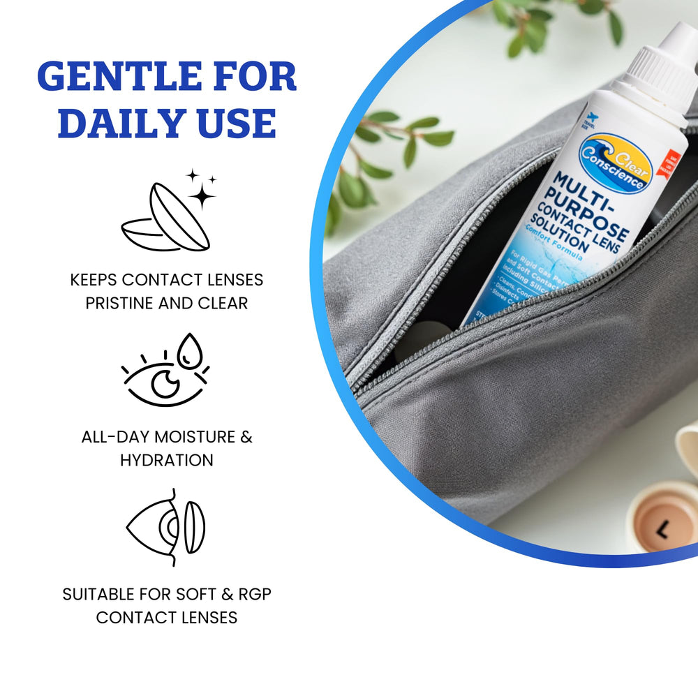 Four-pack travel-size contact solution bottles arranged together