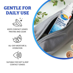 Four-pack travel-size contact solution bottles arranged together