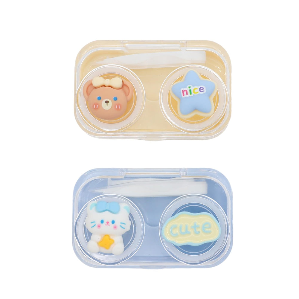 Cualque Cartoon Portable Contact Lens Case - Blue Bear design (front view)