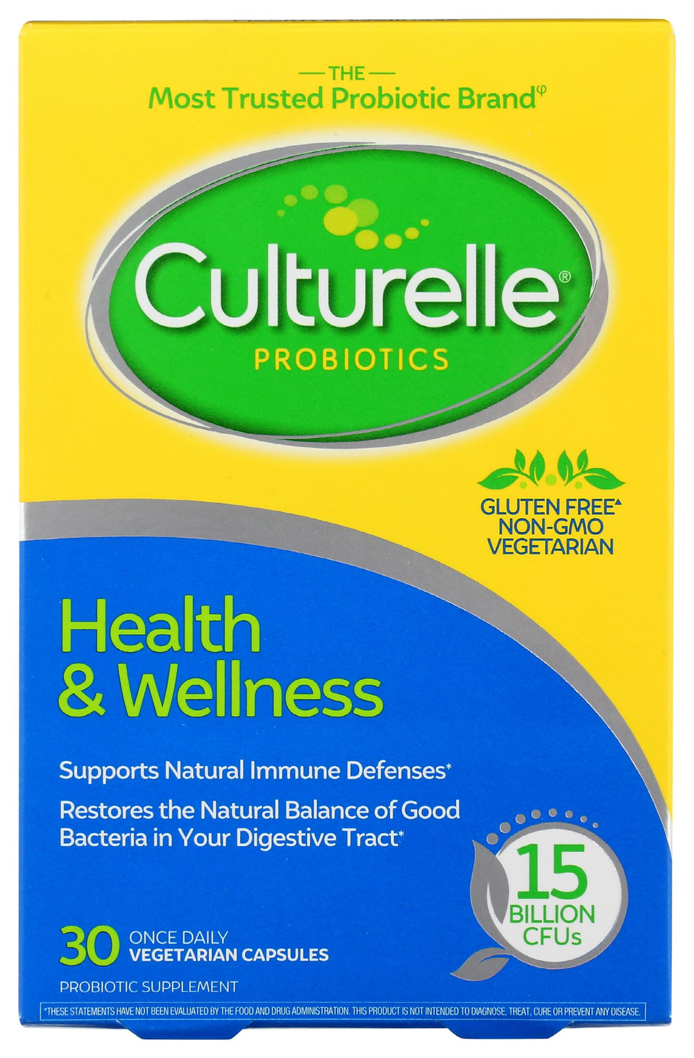 Front view of Culturelle Health & Wellness Probiotic Vegetarian Capsules bottle