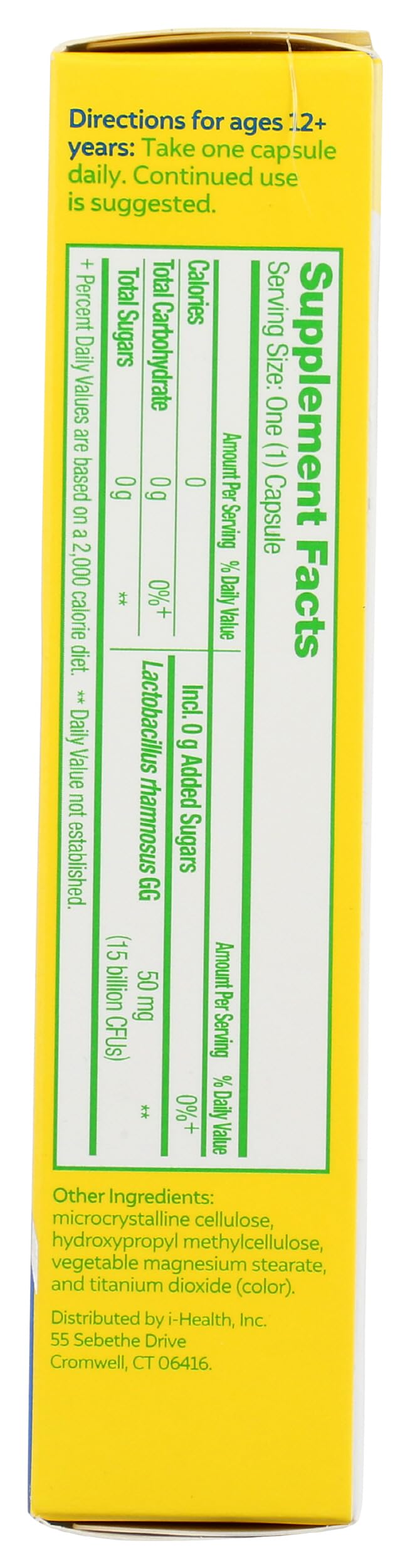Label showing probiotic benefits on Culturelle bottle