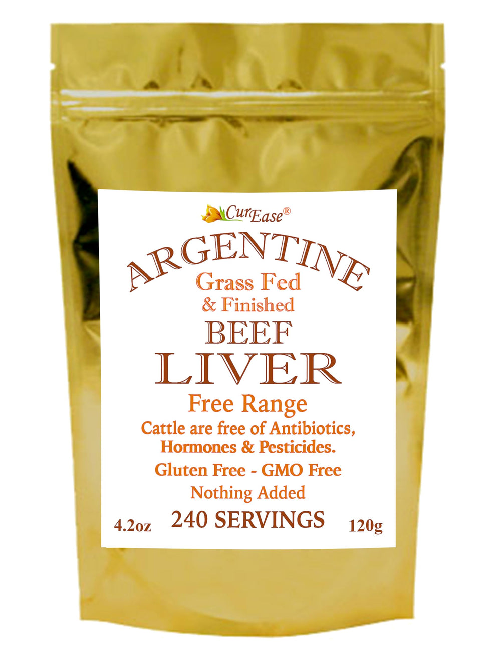 CurEase Beef Liver Powder bottle label showing Argentina grass-fed origin