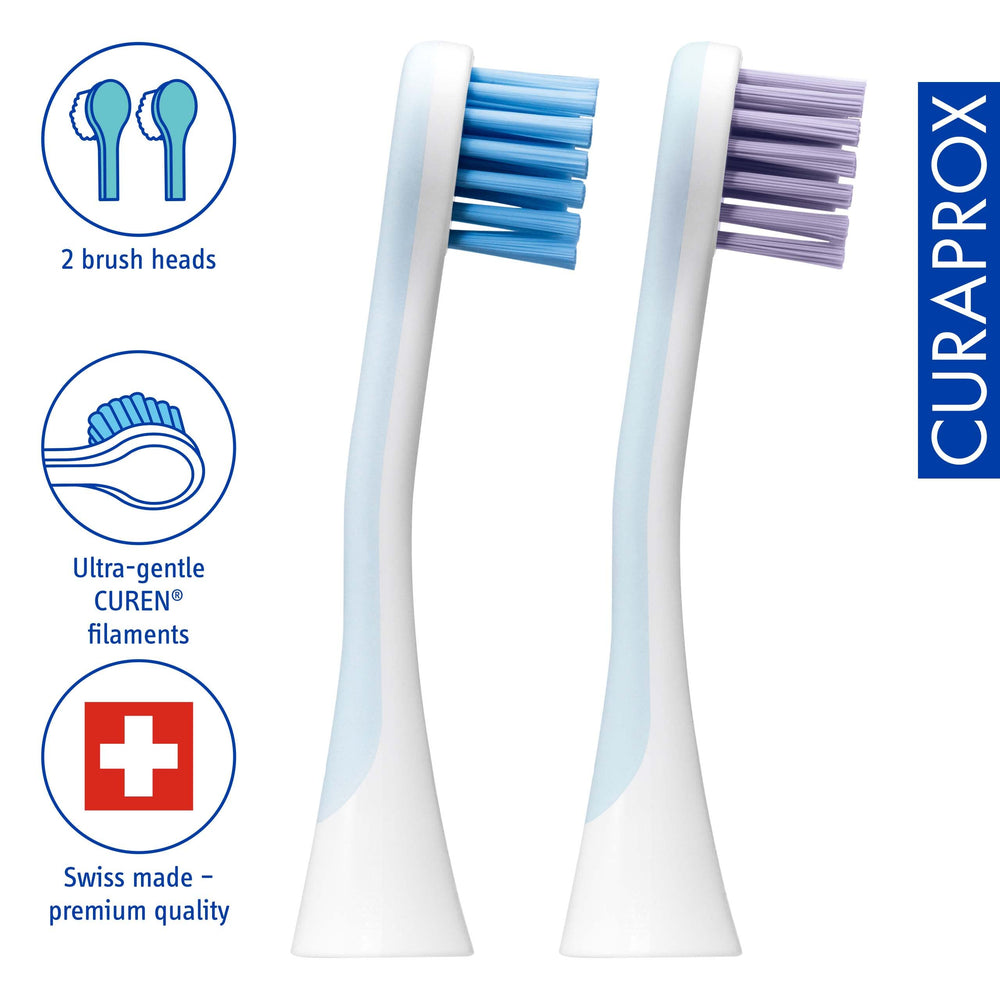 Two Curaprox hydrosonic brush heads shown side by side