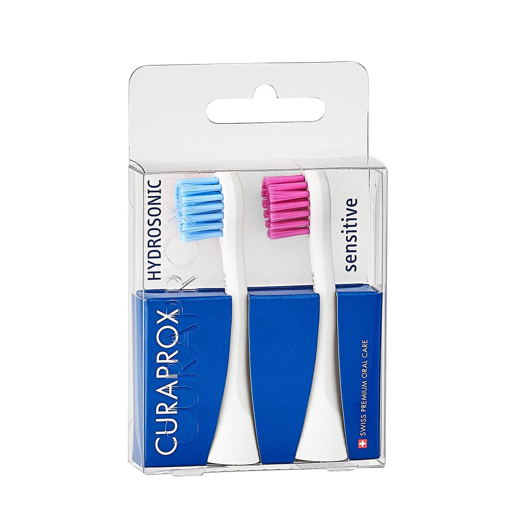 Front view of Curaprox Hydrosonic Rainbow Sensitive Duo 2-pack in blue and pink