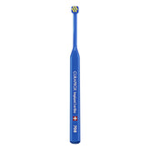 Front view of Curaprox Implant Toothbrush with blue-yellow handle