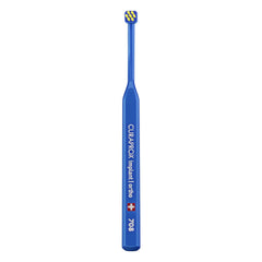 Front view of Curaprox Implant Toothbrush with blue-yellow handle