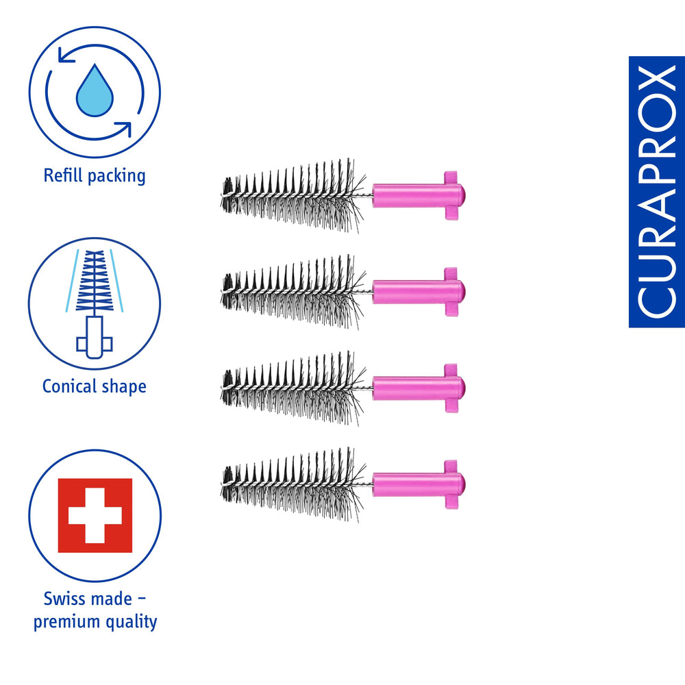 Curaprox interdental brush refills carbon size M pink 4-pack packaging and product