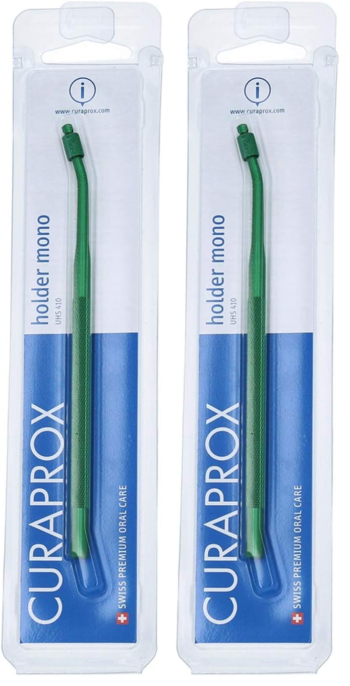 Green Curaprox UHS 410 metal interdental brush holder, pack of 2