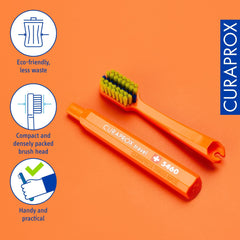 Ultra-soft Curen filaments close-up on orange Curaprox refill head