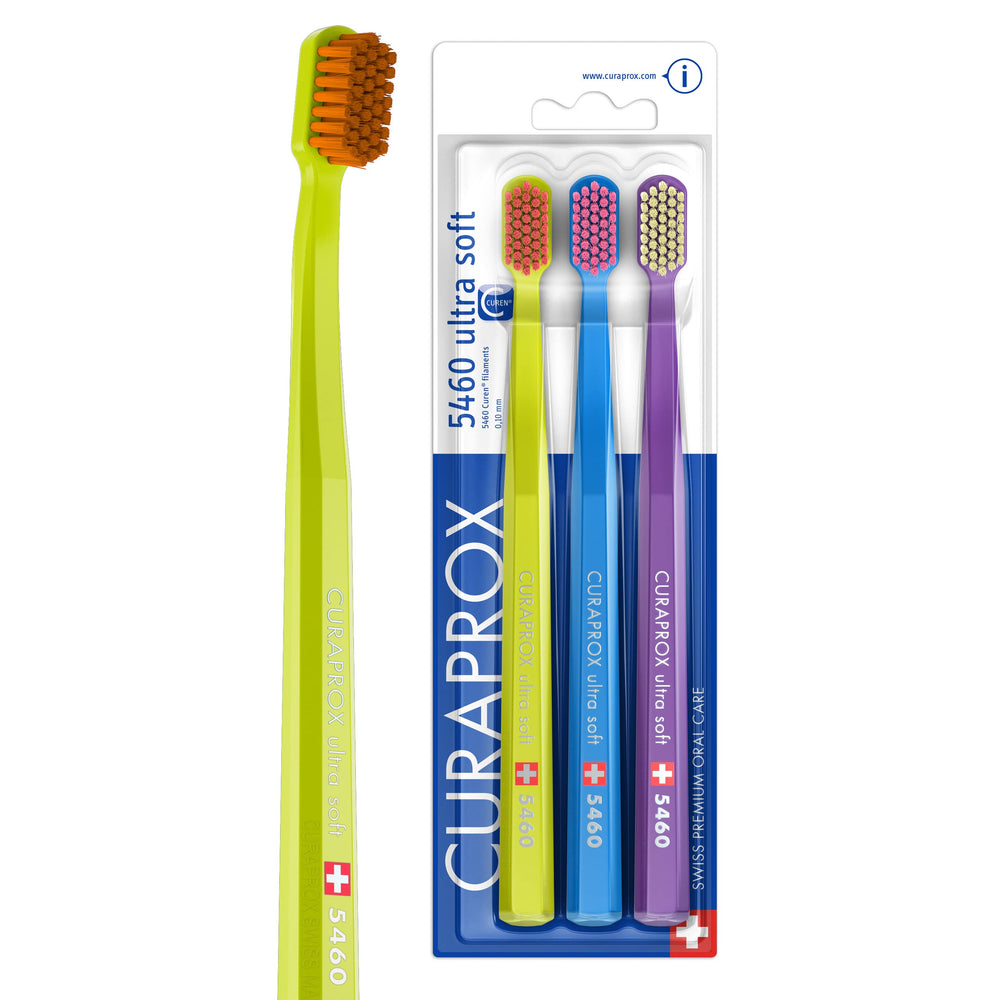 Front view of Curaprox CS 5460 Ultra-Soft Toothbrush blue-purple three-pack