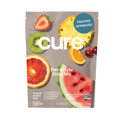 Cure Hydration Tropical Variety Pack sachets with 8-pack display
