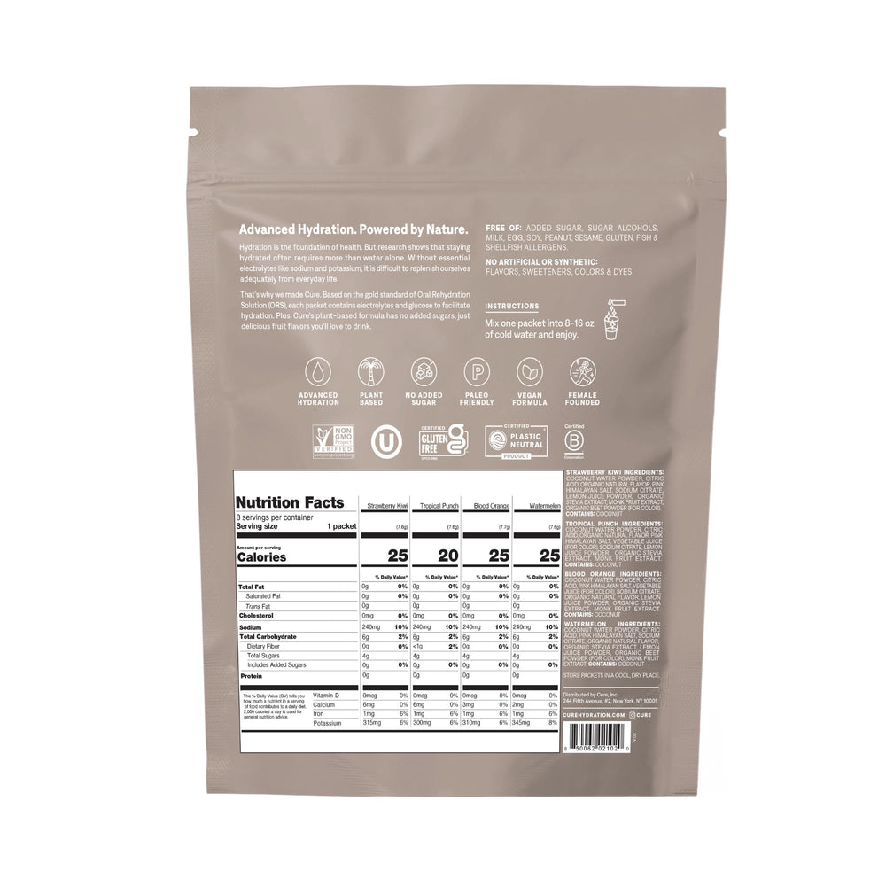 Close-up of Cure Hydration electrolyte drink mix packaging