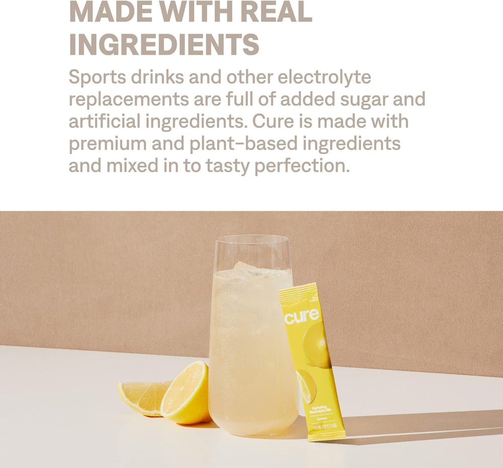 Vegan and Non-GMO badges on Cure Hydration packaging