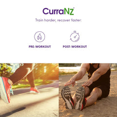 CURRANZ label detail communicates vegan and caffeine-free benefits for sensitive athletes.