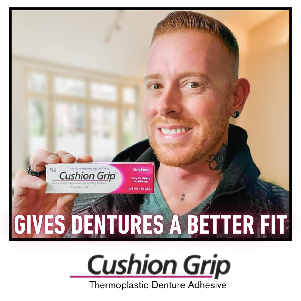 Denture adhesive being applied to dentures