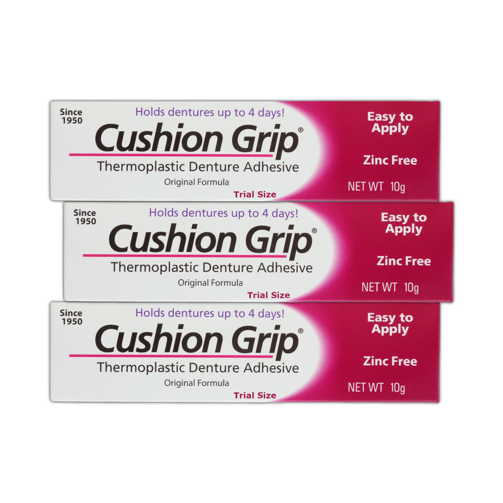 Cushion Grip Denture Adhesive travel size pack of 3 tubes 0.35 oz each