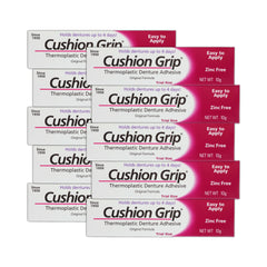 Hero image: Cushion Grip denture adhesive travel-size pack of 10