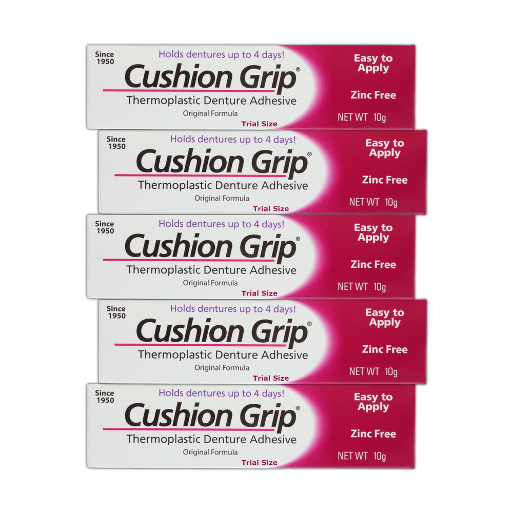 Packaging for Cushion Grip Thermoplastic Denture Adhesive 0.35 oz Travel Size (Pack of 5)
