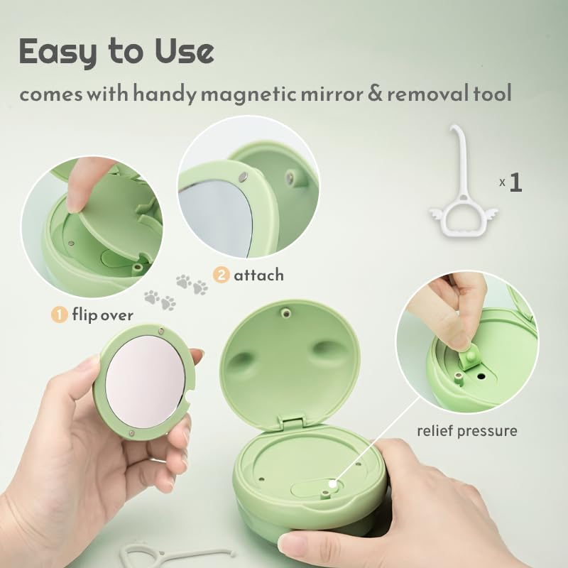Travel-friendly green retainer case next to dental tools
