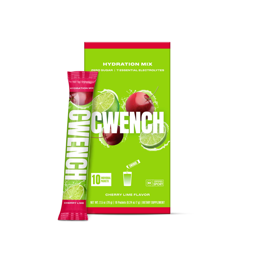 Cwench Hydration Cherry Lime single-serve packet for on-the-go hydration and flavor.