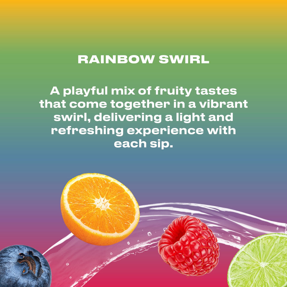 Cwench Hydration Rainbow Swirl fridge image implies ready-to-drink chill anytime.
