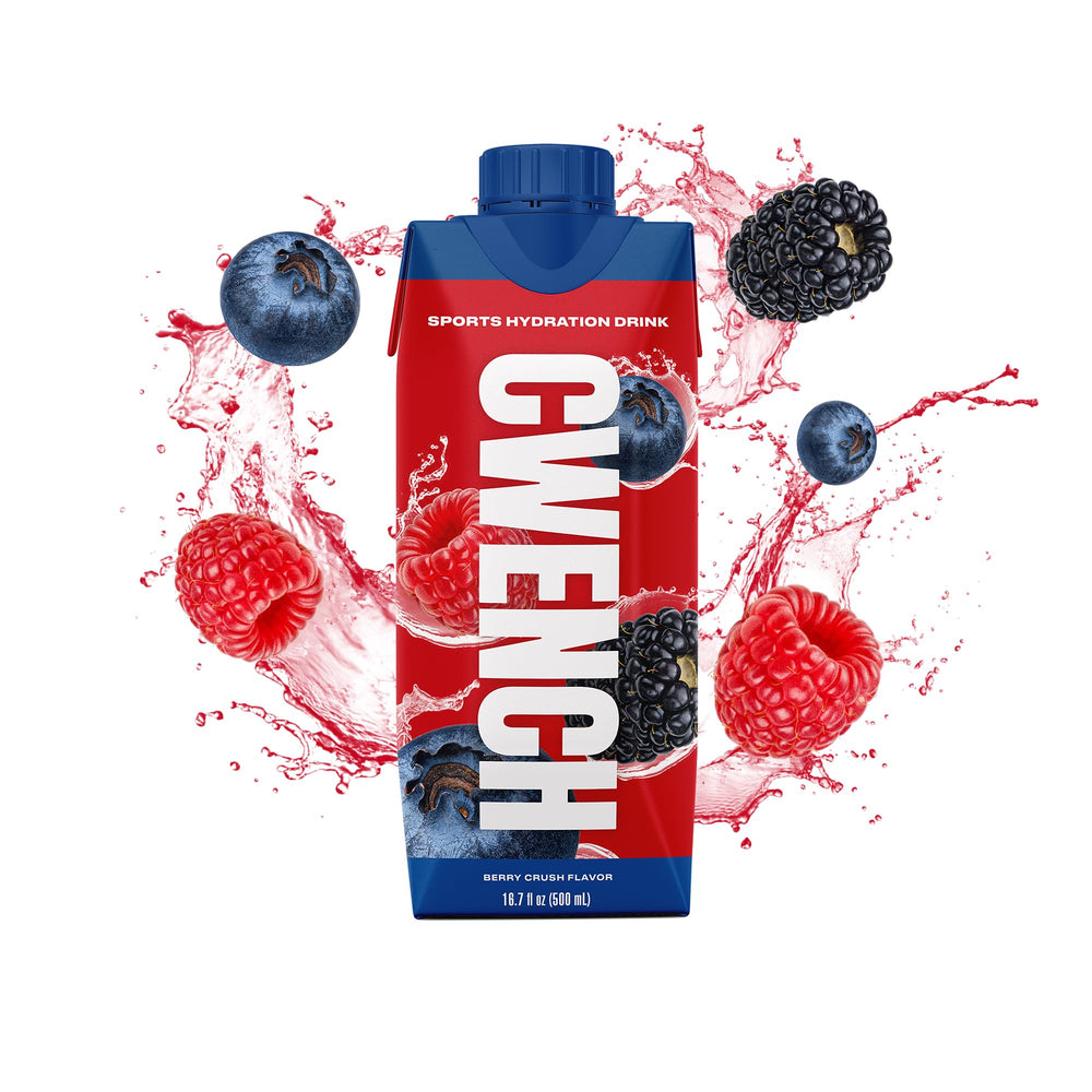 Cwench Hydration Berry Crush label highlights six electrolytes for balanced hydration.