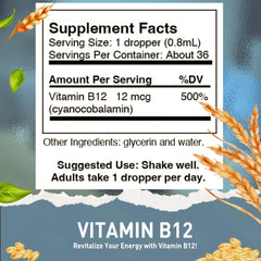 Close-up of the cyanocobalamin Vitamin B12 liquid drops bottle label.