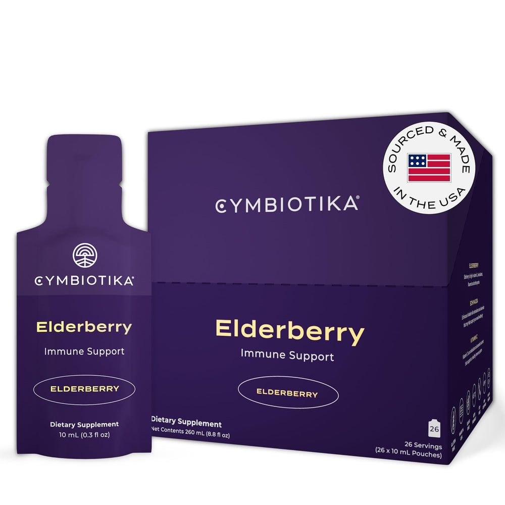 CYMBIOTIKA Elderberry Boost bottle with 26-pouch carton