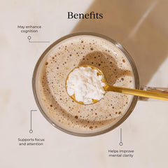 Close-up of ingredients including MCT oil and nootropic compounds like Alpha GPC and L-Theanine.