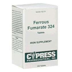 Front view of Cypress Pharmaceutical Ferrous Fumarate 324 tablets boxed 100 count