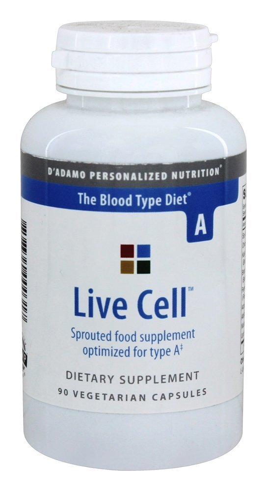 Back label showing supplement facts for Live Cell A 90 vcaps