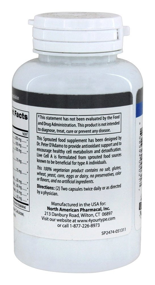 D'Adamo Live Cell A 90 vcaps bottle with label close-up