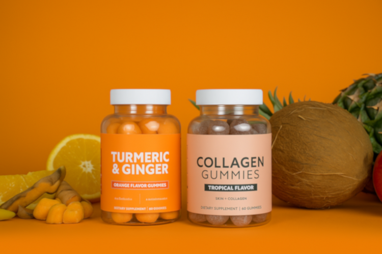 Two supplement bottles labeled 'Turmeric & Ginger' and 'Collagen Gummies' on an orange background with fruits.