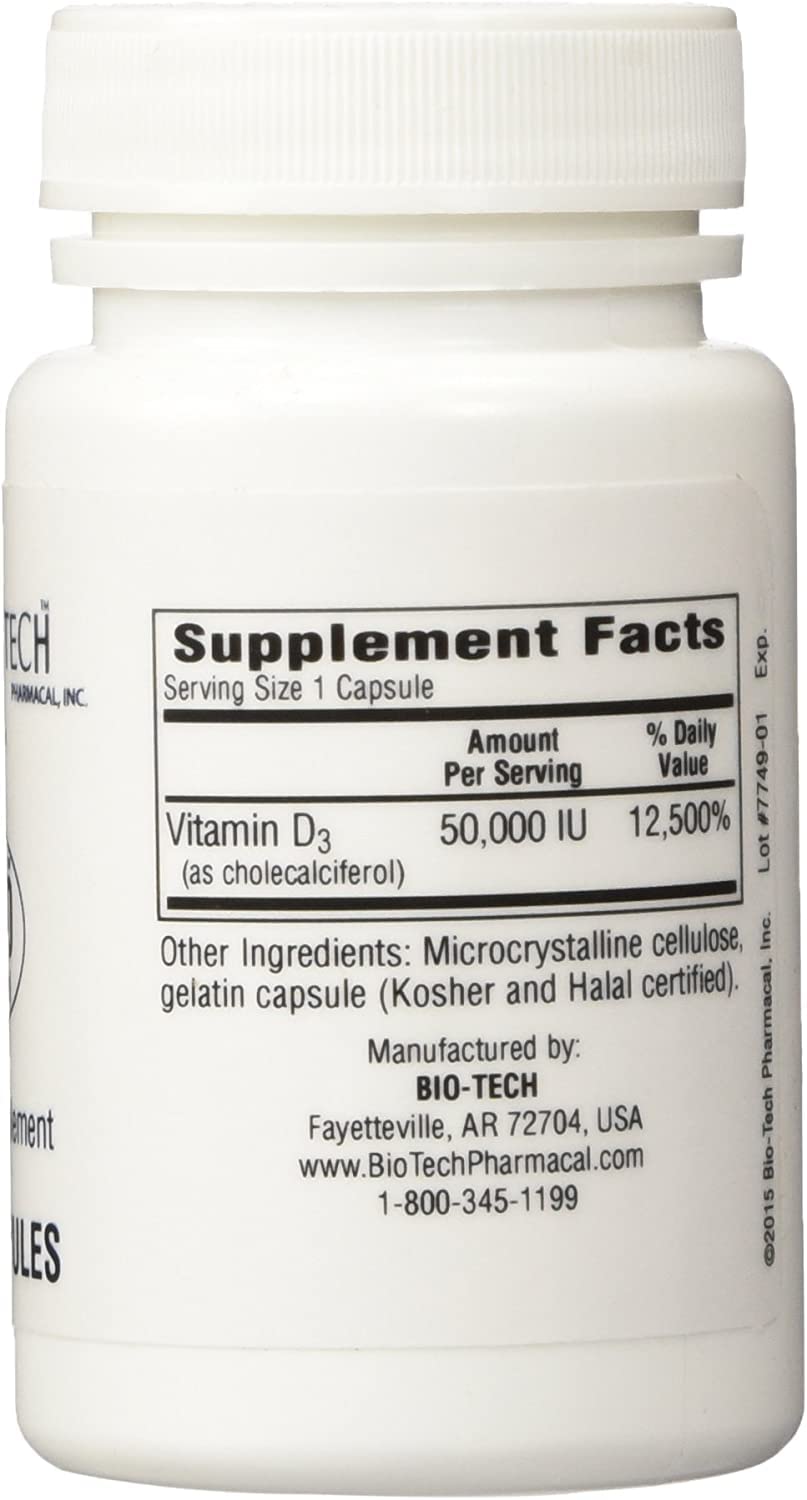 Label of D3-50 50,000 IU Vitamin D3 showing 100 capsules