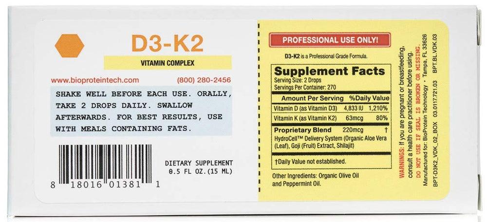 Bottle of D3-K2 by BioProtein Technology Liquid Sublingual Vitamin D3 & K2 (0.5 oz)