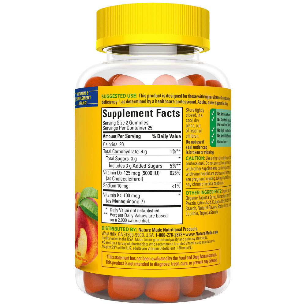 Peach-flavored D3 + K2 gummies with vitamin information