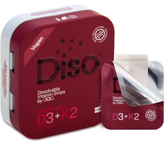 Front view of DISO D3+K2 raspberry dissolving strips package