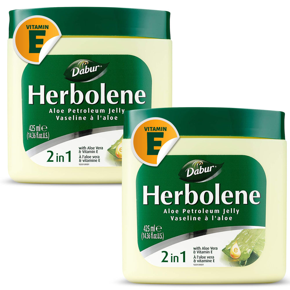 Dabur Herbolene Aloe Vera Gel and Petroleum Jelly with Vitamin E bottle beside 425 ml pack