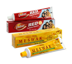 Three 100g tubes of Dabur Meswak toothpaste ready for use