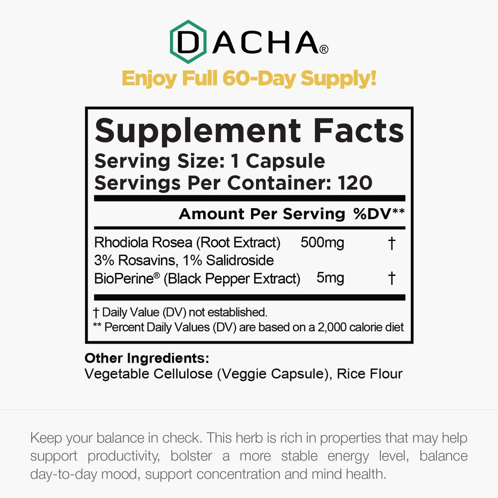 DACHA Rhodiola stress support capsules on a calm workspace