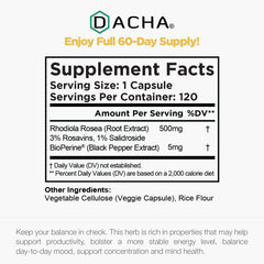 DACHA Rhodiola stress support capsules on a calm workspace
