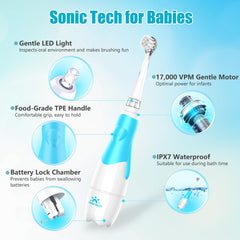 Four interchangeable vibrating brush heads for toddlers