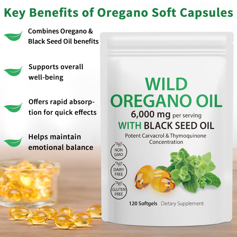 Digestive health benefits graphic for oregano and black seed oil