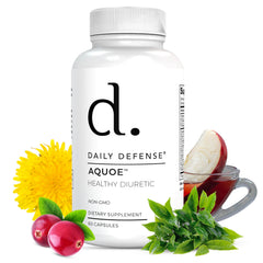 Daily Defense AQUOE bottle front showing bloating support and hydration