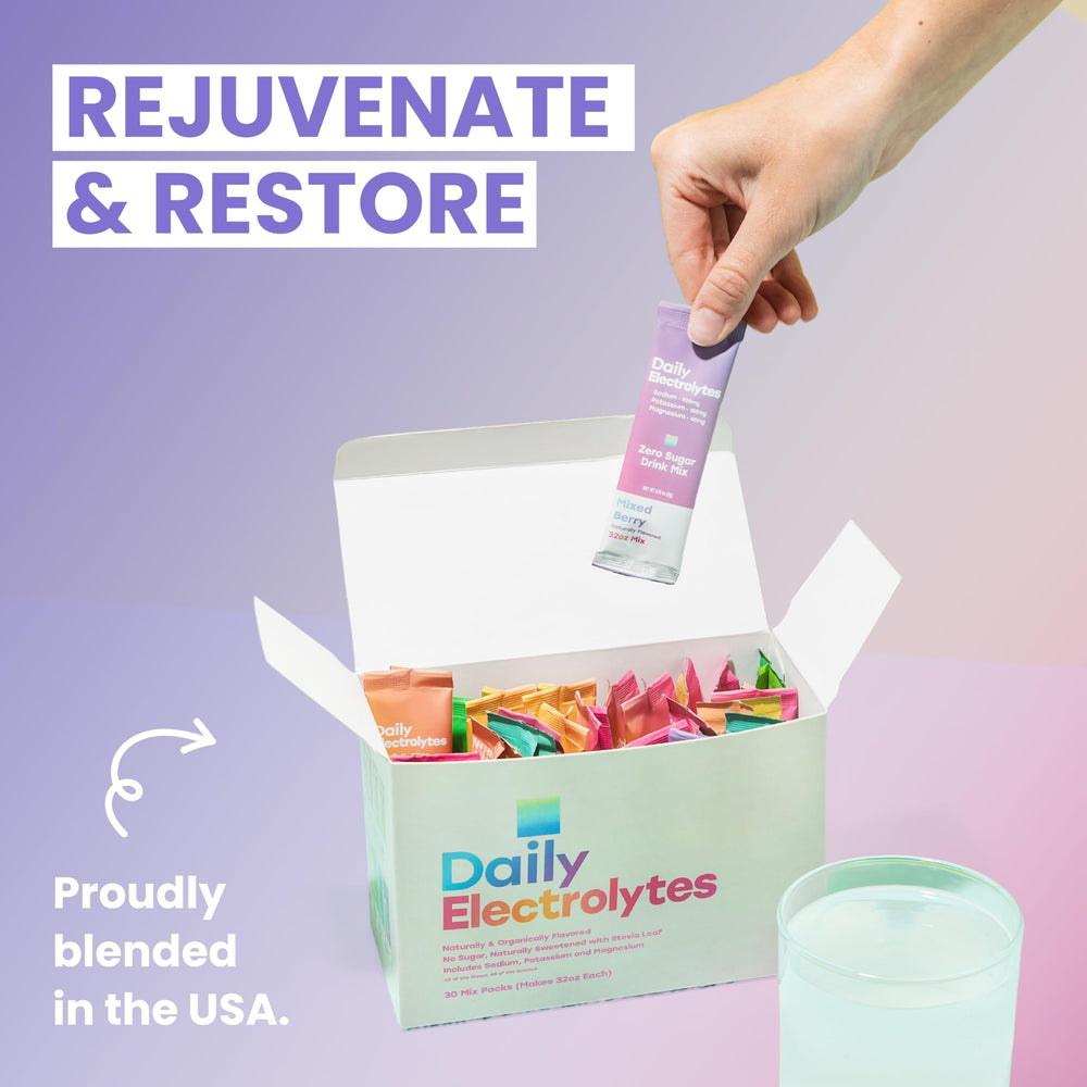 Daily Electrolytes raspberry lemon flavor offers sugar-free refreshment for travel.