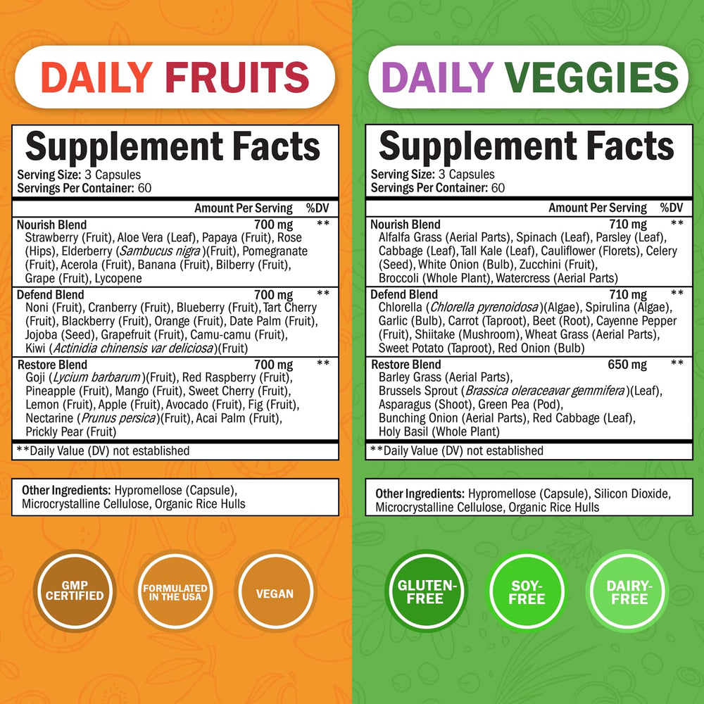2-pack packaging and product shot of daily fruits and veggies