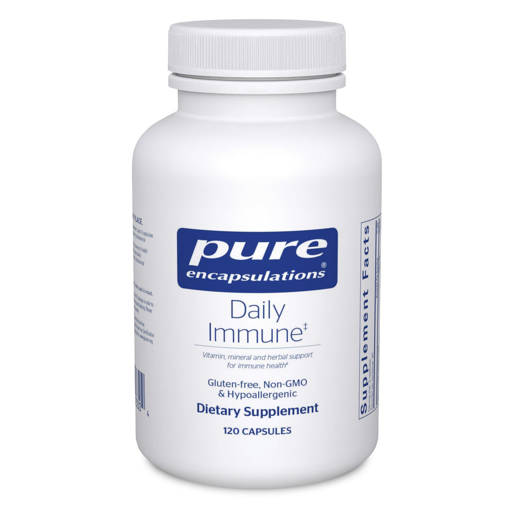 Bottle of Pure Encapsulations Daily Immune 120 capsules on a white background